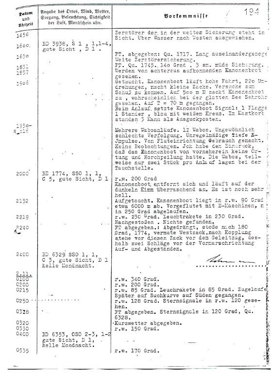 The record in the U 96's War Diary, 1st November 1941, describing the gunboat attack