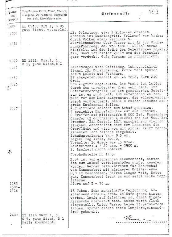 Wpis w Dzienniku Działań Bojowych z 31-go października 1941 roku opisujący atak na konwój