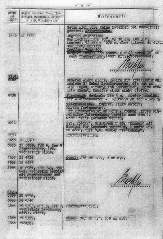 Wpis w Dzienniku Działań Bojowych U 69 z 21-go maja 1941 roku opisujący atak na statek Tewkesbury