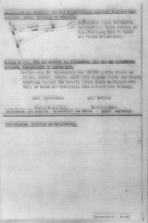 Wpis w Dzienniku Działań Bojowych U 48 z 19-go czerwca 1940 roku opisujący atak na konwój HG-34F