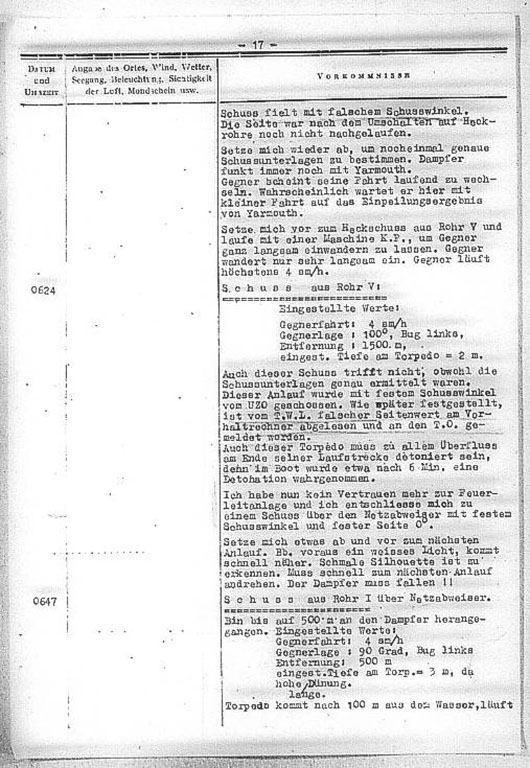 Wpis w Dzienniku Działań Bojowych U 109 opisujący atak z 19-go stycznia 1942 roku
