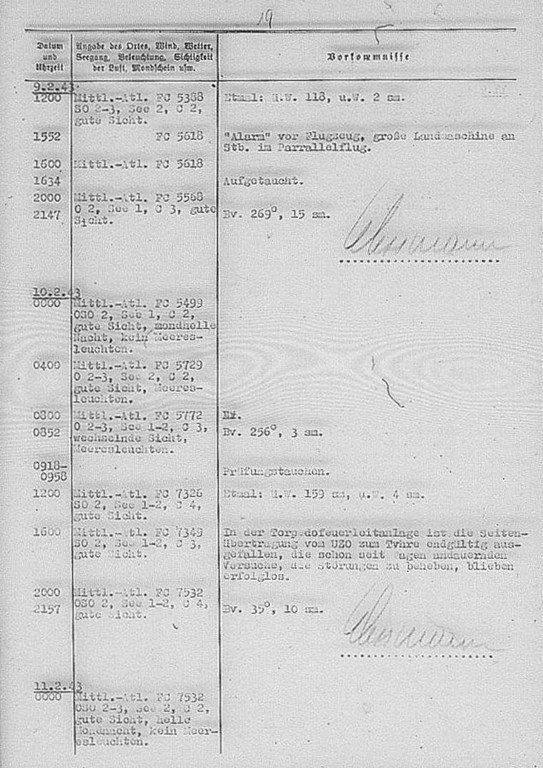 Wpis w Dzienniku Działań Bojowych U 518 z 10-go lutego 1943 roku opisujący uszkodzenie systemu kierowania ogniem torpedowym