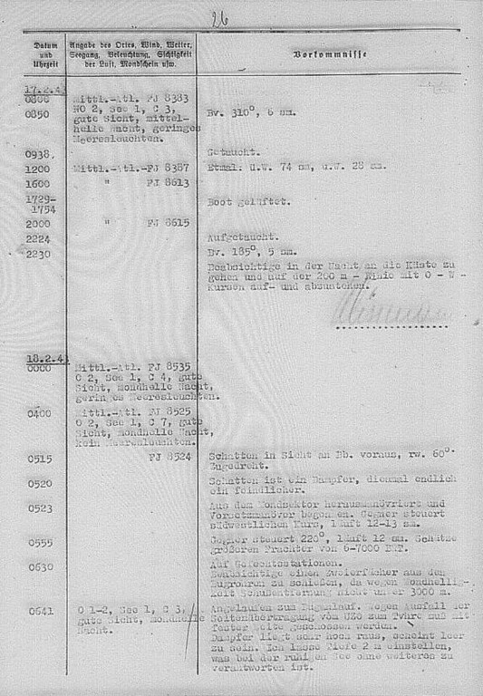 Wpis w Dzienniku Działań Bojowych U 518 z 18-go lutego 1943 roku opisujący atak na statek Brasiloide