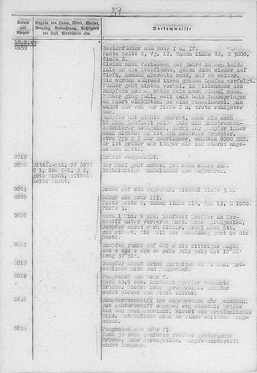 Wpis w Dzienniku Działań Bojowych U 518 z 18-go lutego 1943 roku opisujący atak na statek Brasiloide