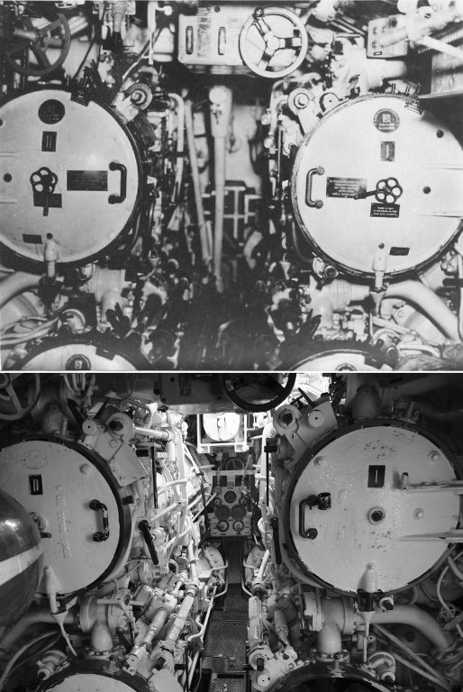 Dziobowy przedział torpedowy U 570 z widocznym wałem napędowym kabestanu i windy kotwicznej oraz dziobowy przedział torpedowy U 995, gdzie silnik znajduje się nad wyrzutniami torpedowymi