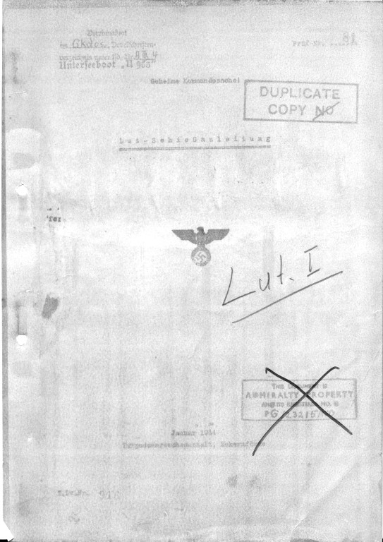 Okładka instrukcji z wytycznymi dotyczącymi strzelania (Lut-Schießanleitung) pochodząca z okrętu U 953 (wydana w styczniu 1944)