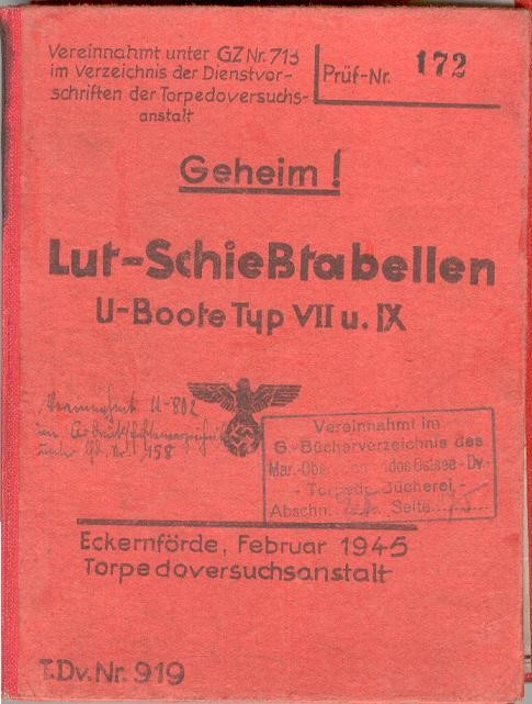 Okładka tabeli ze skróconymi wytycznymi dotyczącymi strzelania (Lut-Schießtabellen) pochodząca z okrętu U 802 (wydana w lutym 1945)